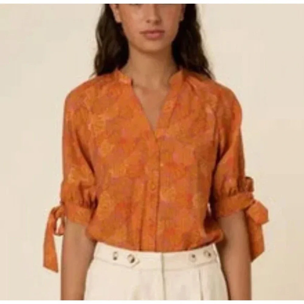 FRNCH PARIS Orange Floral Print V Neck Tie Sleeve Blouse Top‎ Medium